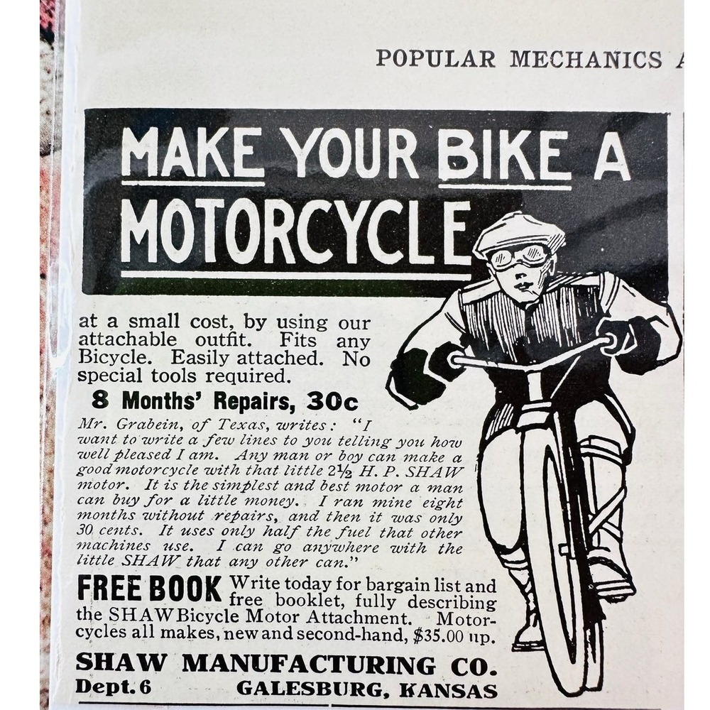 1914 Make Your Bike A Motorcycle Shaw Mfg Original Antique Vtg PRINT AD